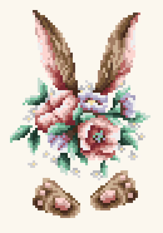 Rabbit Ears and Flower Cross Stitch Pattern PDF, Medium Floral Embroidery Chart, DMC 23 Colors, 59 x 87 Stitches, Instant Download